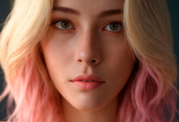 Naklejka premium A woman with vibrant pink hair and striking blue eyes is featured in this portrait. Her unique appearance is accentuated by the contrast between her hair and eyes, creating a bold and colorful look.
