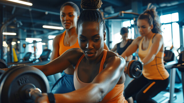 a powerful image showcasing a diverse group of people working out together in a modern gym facility