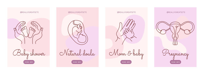 Motherhood banner set. Mother's Day posters. Line vector illustrations - 747882865