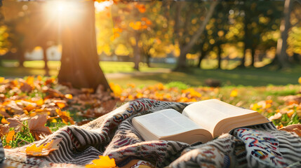 A blanket and a book under a tree in a sunny autumn park.  - obrazy, fototapety, plakaty