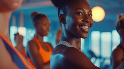 a powerful image showcasing a diverse group of people working out together in a modern gym facility - Powered by Adobe