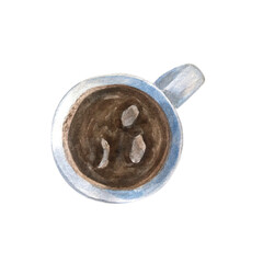 Blue cup of coffee with art watercolor illustration isolated on white background. Flat illustration.