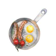 Watercolor breakfast sunny eggs cherry sausages clip art illustration.