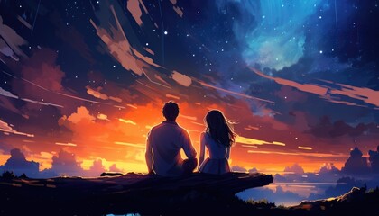 couple sitting and looking at the sky with a spectacular meteor shower