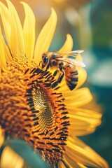 Honey bee pollinating sunflower plant. Close-up. Sunny day. World bee day. Honey bees diligently pollinating sunflowers on World Bee Day.