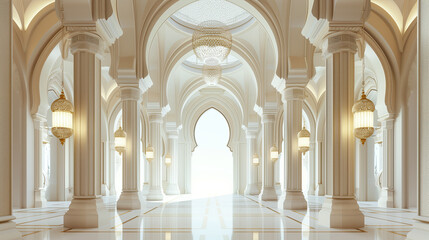 Fototapeta na wymiar 3d islamic interior mosque with arches. ramadan kareem background