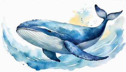 Watercolor illustration of big blue whale isolated on white background. Marine mammal.