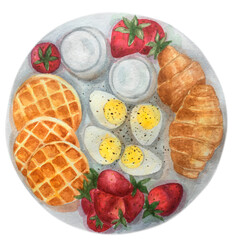 Watercolor breakfast vaffell eggs yogurt croissants strawberries clip art illustration.