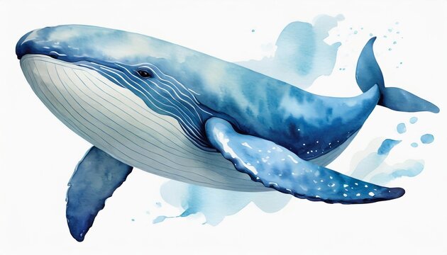 Watercolor illustration of big blue whale isolated on white background. Marine mammal.