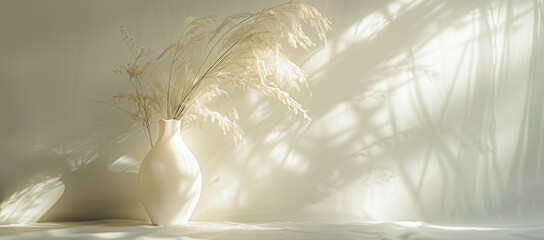 a white vase of grass is sitting on a white wall, in the style of light gold and light amber, sabattier filter, soft and dreamy depictions, joyful celebration of nature, gossamer fabrics, infrared fil