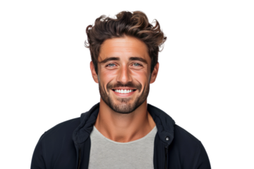 A man with a neatly trimmed beard is smiling, showing a friendly expression. His face exudes happiness and warmth, brightening the scene.