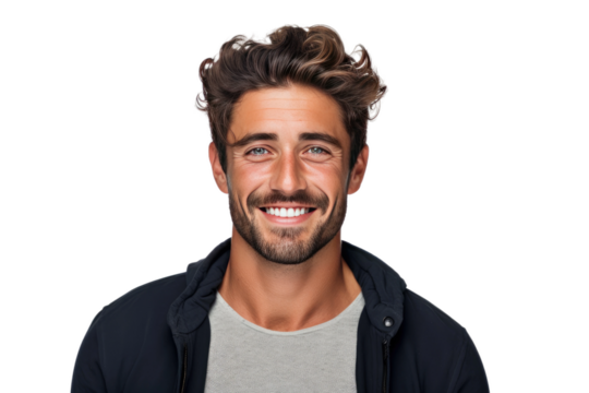 A man with a neatly trimmed beard is smiling, showing a friendly expression. His face exudes happiness and warmth, brightening the scene.