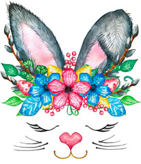 Watercolor bunny ears illustration. Rabbit with spring bouquet. Flowers blossom, willow and bunny ears, gentle rose, branches, green leaves. Perfect for invitations, greeting cards, posters