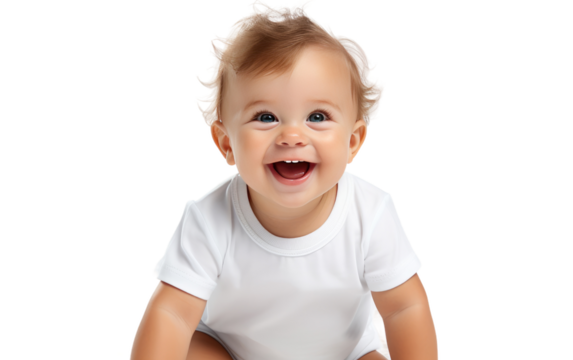 A young infant with a joyful expression is seated on the ground, donning a white shirt. The baby seems content and relaxed as they sit in a casual position.