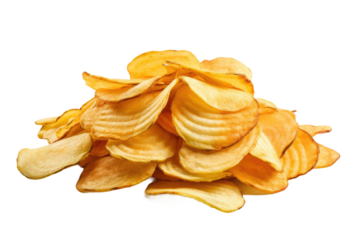A pile of crispy potato chips is neatly arranged on a clean white background. The chips are golden brown in color, with ridges and a crunchy texture.