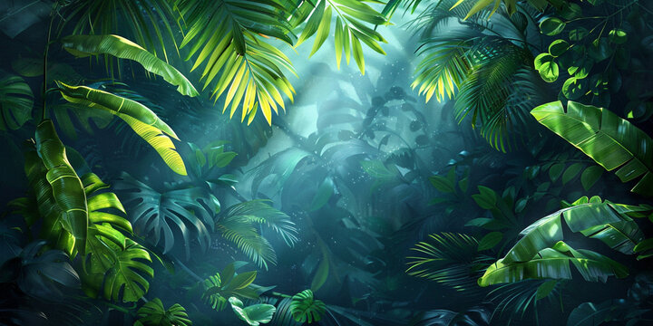 Lush South American Forest 3d Render Of Tropical Jungle With Green Plant Leaves And Palm Trees Background .

