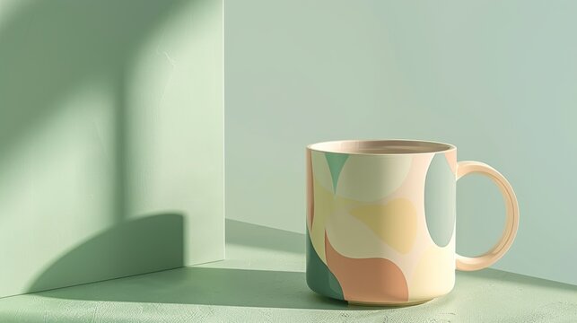 close-up of a coffee mug with a geometric design, on a green table