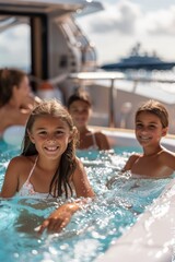 Fototapeta premium Professional Photography of a Family Enjoying a Fun-Filled Vacation Onboard a Luxury Yacht, Generative AI