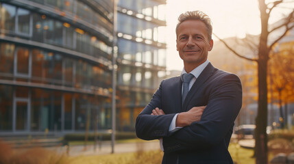 Mature businessman executive with confident smile at dusk outside glass office building