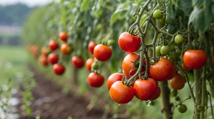 Zelfklevend Fotobehang Tomatoes growing on the field. Beautiful summer landscape © Pradeep leo
