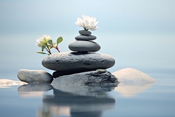 a stack of rocks with a flower on top - Powered by Adobe