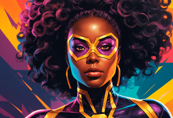 African american woman dressed as a superhero stands confidently in front of a vibrant and colorful background. She is wearing a superhero costume, exuding strength and power