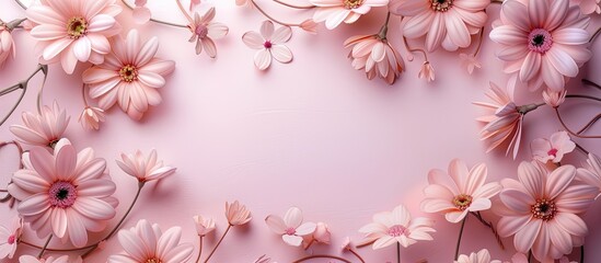 A cluster of delicate pink flowers is artfully arranged on a soft pink background. The blossoms stand out against the backdrop, creating a cohesive and elegant composition suitable for various
