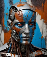 An artful android head, its blue and rust patina indicating decay, presents a stark contrast to the vibrant urban graffiti background. Its gaze is hauntingly human-like.