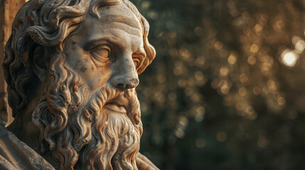 Ancient Greek philosopher Plato. A fascinating sculpture in the background of a nature landscape with depth of field and bokeh.