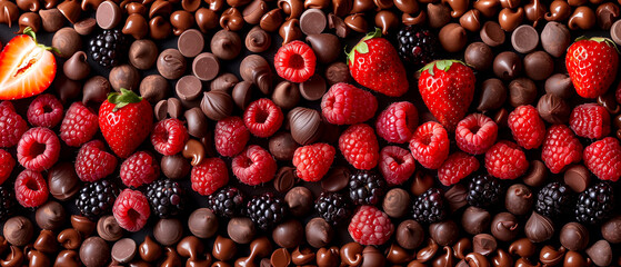 assorted handmade chocolates and fresh berries. banner for confectionery, sweets shop, handmade chocolate. - obrazy, fototapety, plakaty