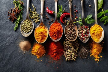 Exquisite culinary composition of spices like turmeric, chili, and herbs in spoons, against a dark backdrop that accentuates their rich colors and textures