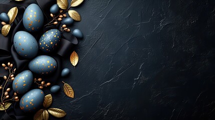 Easter eggs, leaves, ribbons and branches, spring flat lay with place for text in unusual deep black and gold colors, image was AI generated