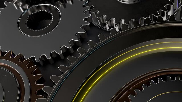Gears working in the machinery. Cog weel metallic gears in a machine rotating.Metalic glowing shining. 