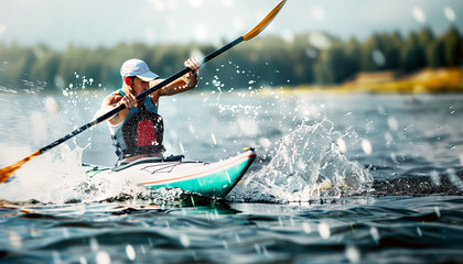 Man athlete takes part championship of canoe racing, kayak racing. Outdoor sport, canoeing competition race . Strong sport man canoeist rowing in water of river.