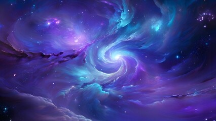 An ethereal cosmic nebula swirling in shades of violet and turquoise, sparkling stars scattered throughout, glowing wisps of gas forming intricate patterns, evoking a sense of wonder and serenity - obrazy, fototapety, plakaty