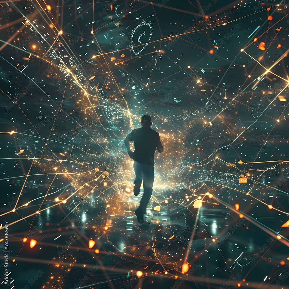 Poster A man strides forward through a mesmerizing network of interconnected data points. The scene evokes a sense of exploration in a vast digital cosmos. AI Generative