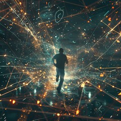 A man strides forward through a mesmerizing network of interconnected data points. The scene evokes a sense of exploration in a vast digital cosmos. AI Generative