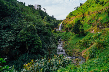 Fototapeta na wymiar Beautiful waterfall in the Ribeira dos Caldeirões Natural Park, São Miguel, Azores, Portugal.