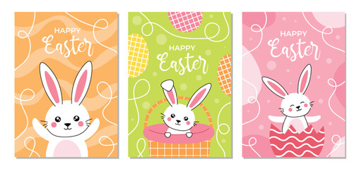 Cute Easter cards or posters collection. Spring set of easter flat bunny. Vector illustration with rabbit for poster, card, scrapbooking, stickers. 