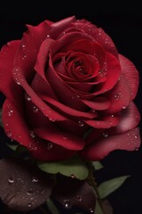 red rose with water drops macro on black background	