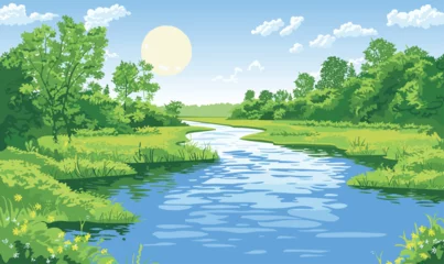 Fotobehang Vector illustration of a beautiful river scenery. Sunny summer day © baobabay