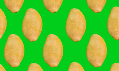 Seamless tropical fruit pattern with yellow mangoes on a vibrant green background, perfect for textile design or fresh summer concept with space for text