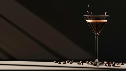 clear glass martini glass filled with coffee beans rests on a bed of additional coffee beans
