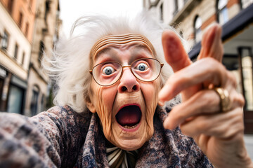 Elderly woman with glasses making funny face, pointing at camera with finger - obrazy, fototapety, plakaty