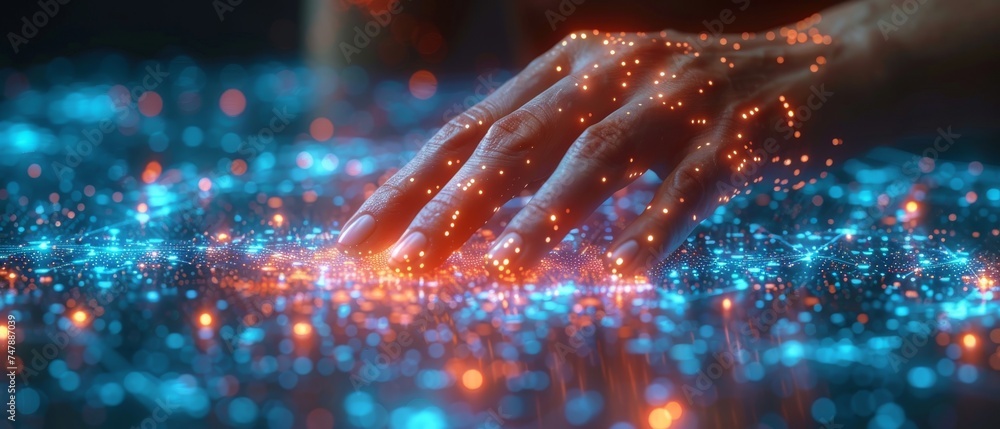 Aufkleber Concept of big data. Digital neural network. Business woman touching artificial intelligence. Future of cyberspace. Science and innovation of technology.