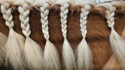 a Closeup of brown Horse's Braided Mane. Horse Grooming Theme.