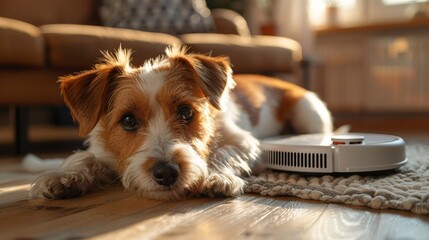 Dog Jack Russell terrier and robotic vacuum cleaner in Polish house - obrazy, fototapety, plakaty