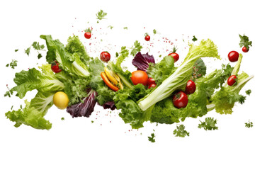 A bunch of lettuce and tomatoes fall gracefully into the air. The vibrant colors and shapes of the vegetables add movement and excitement to the moment.