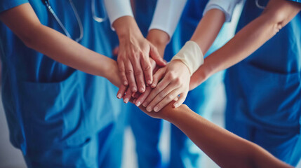 Group of Doctors holding hands at World Health Day - obrazy, fototapety, plakaty