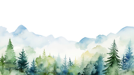 Fototapeta premium Watercolor mountains spruce trees landscape forest border, isolated hand drawn, watercolor illustration transparent background - Generative ai